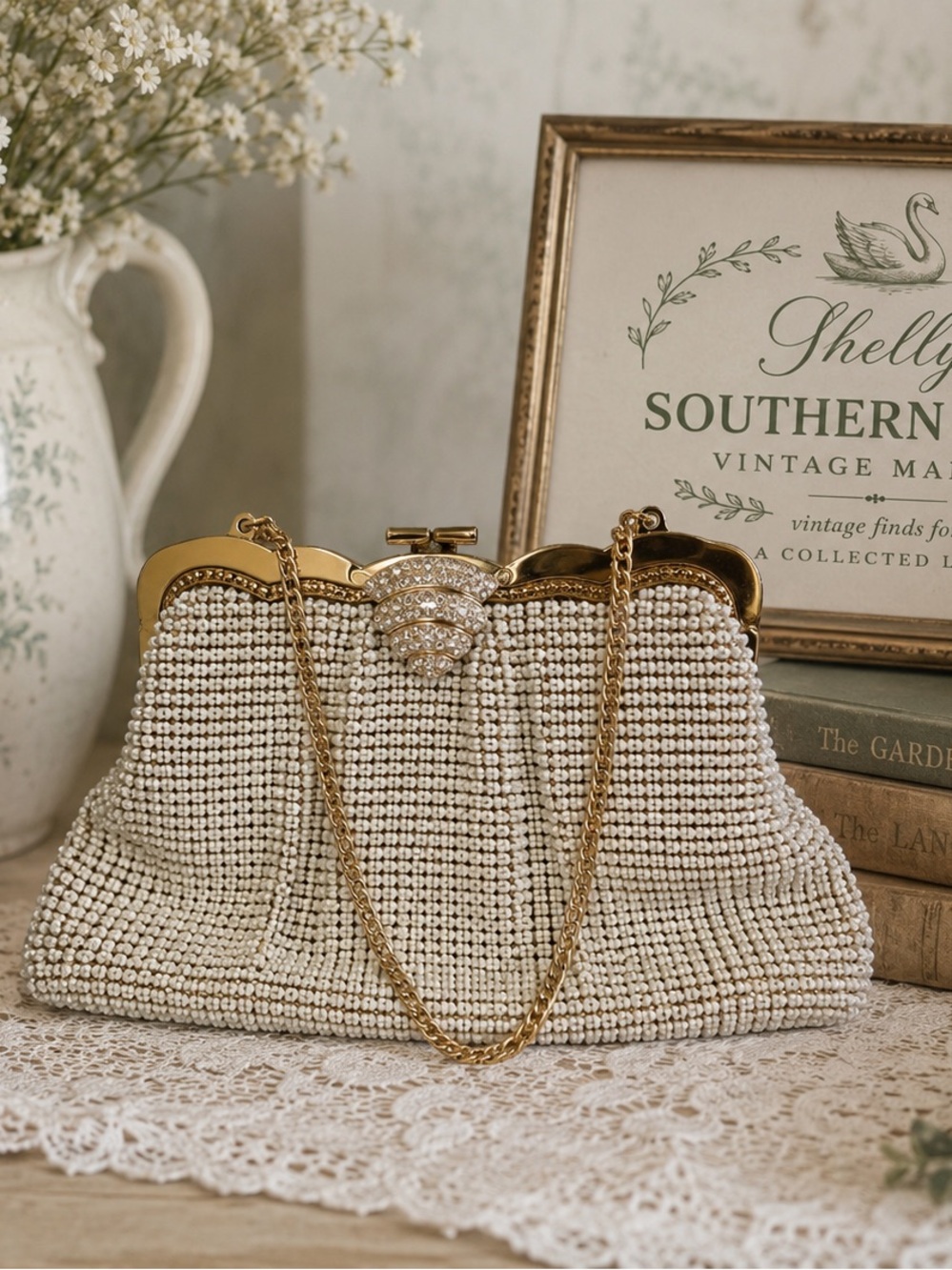 Whiting & Davis Co Gold-Trimmed Ivory Beaded Evening Clutch with Chain Strap